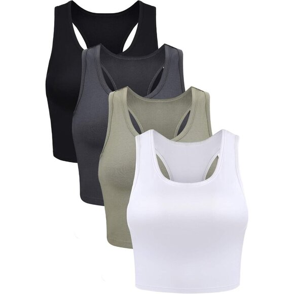 Tops - 4-Piece Women's Sleeveless Racerback Crop Tank Tops - Versatile Summer Wear